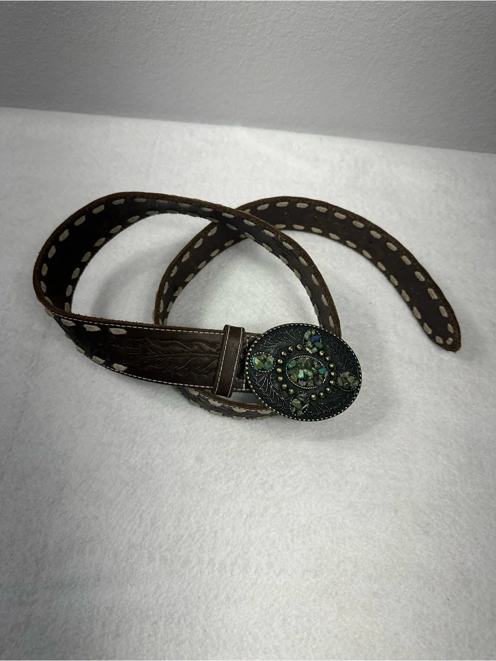 Brown Western Embossed Leather Belt with Decorative Oval Buckle